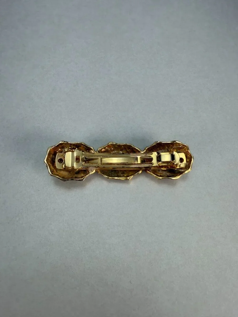 Vintage Cloisonné Enamel Triple Panel Hair Barrette Gold Tone Hair Clip